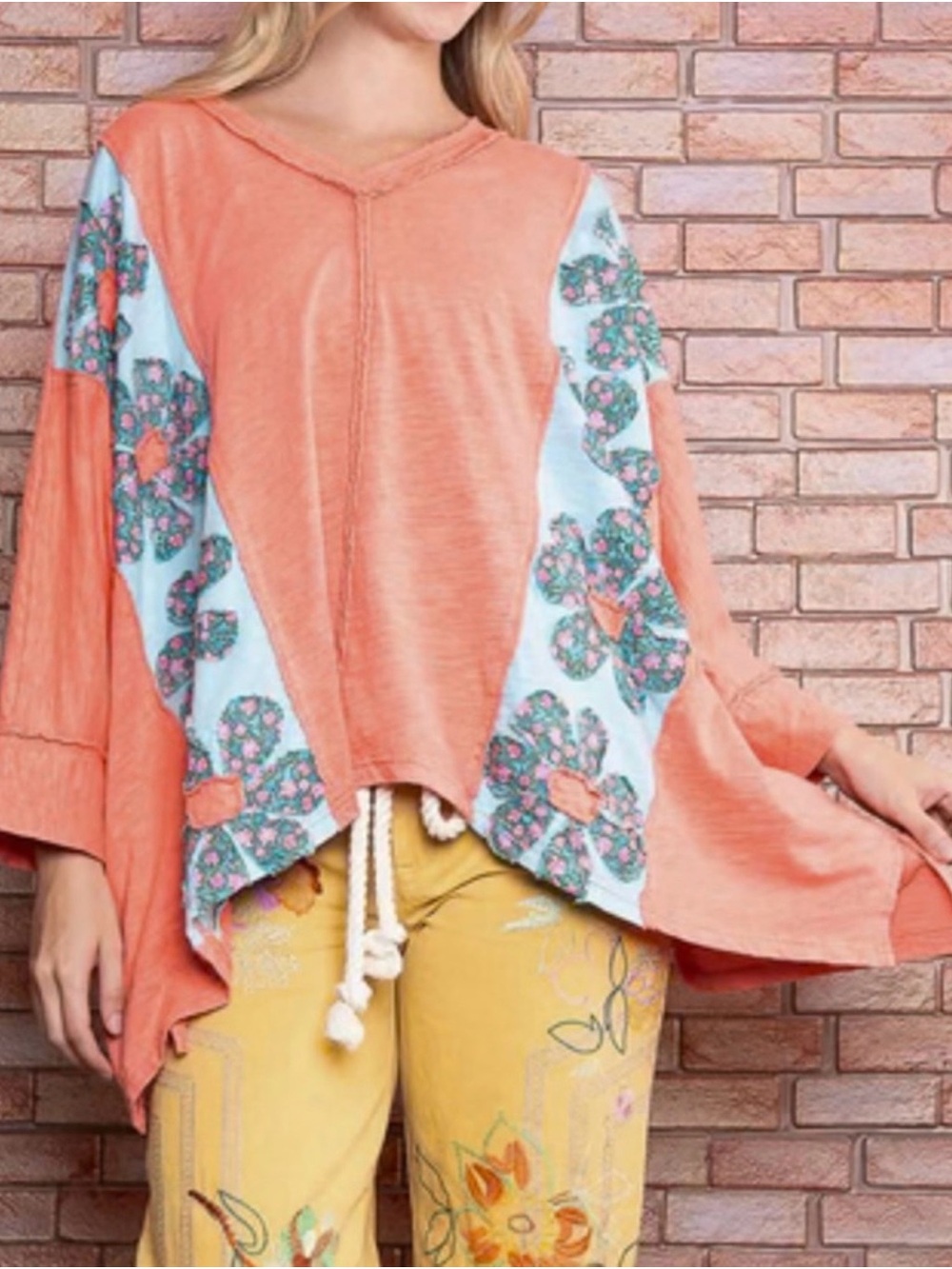 Coral Bohemian Floral-Panel Tunic
